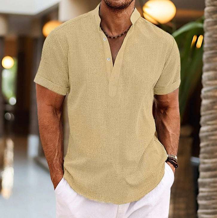 Stand Collar Men's Half Cardigan Cotton And Linen Short Sleeve Shirt | Orazek UK Ltd