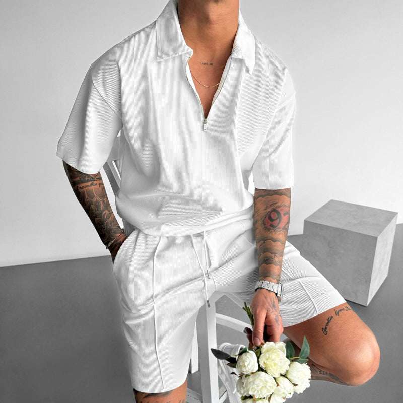 Summer Fashion Mens Clothing Men's Suits New Zipper Polo Casual Short Sleeve Drawstring Shorts Men's Set | Orazek UK Ltd