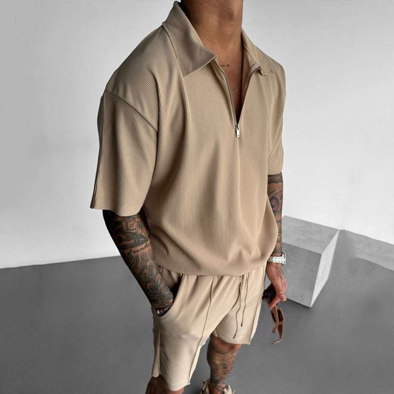 Summer Fashion Mens Clothing Men's Suits New Zipper Polo Casual Short Sleeve Drawstring Shorts Men's Set | Orazek UK Ltd