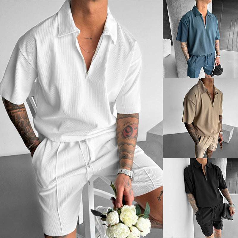 Summer Fashion Mens Clothing Men's Suits New Zipper Polo Casual Short Sleeve Drawstring Shorts Men's Set | Orazek UK Ltd