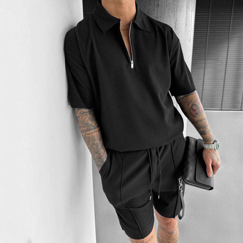 Summer Fashion Mens Clothing Men's Suits New Zipper Polo Casual Short Sleeve Drawstring Shorts Men's Set | Orazek UK Ltd