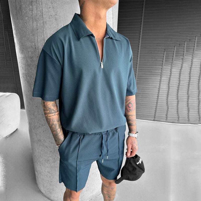 Summer Fashion Mens Clothing Men's Suits New Zipper Polo Casual Short Sleeve Drawstring Shorts Men's Set | Orazek UK Ltd