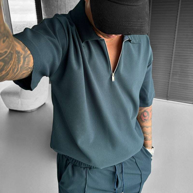 Summer Fashion Mens Clothing Men's Suits New Zipper Polo Casual Short Sleeve Drawstring Shorts Men's Set | Orazek UK Ltd