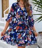 Summer Floral Print Short Sleeves Dress Lace Up Ruffles Design Fashion V-neck Short Dresses Womens Clothing | Orazek UK Ltd