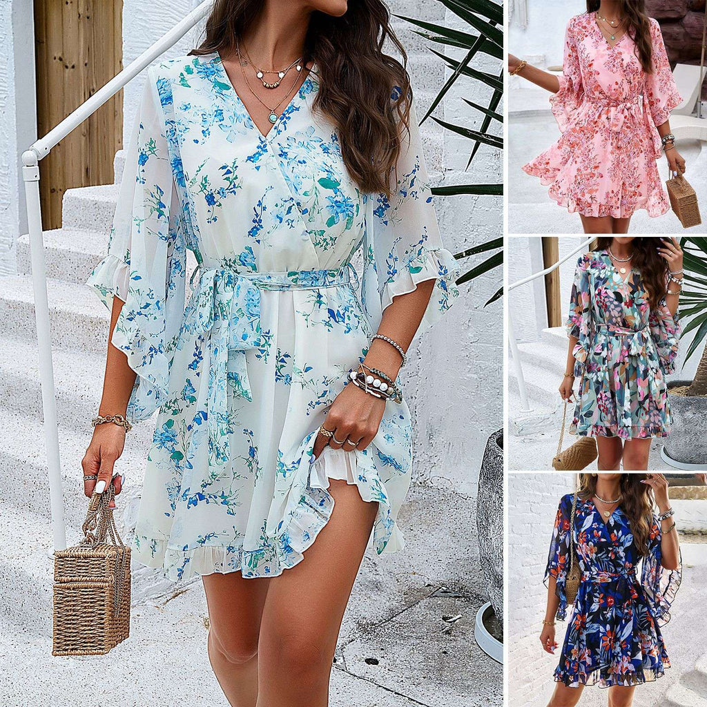 Summer Floral Print Short Sleeves Dress Lace Up Ruffles Design Fashion V-neck Short Dresses Womens Clothing | Orazek UK Ltd
