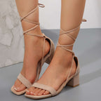 Summer Lace-up Sandals Fashion Square Toe Chunky Heel Shoes For Women | Orazek UK Ltd