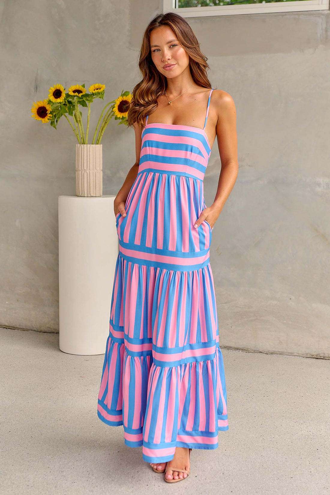 Summer Striped Printed Suspender Long Dress With Pockets Fashion Square Neck Backless Dresses For Beach Vacation Women Clothing | Orazek UK Ltd