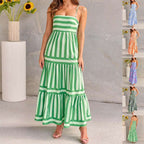 Summer Striped Printed Suspender Long Dress With Pockets Fashion Square Neck Backless Dresses For Beach Vacation Women Clothing | Orazek UK Ltd