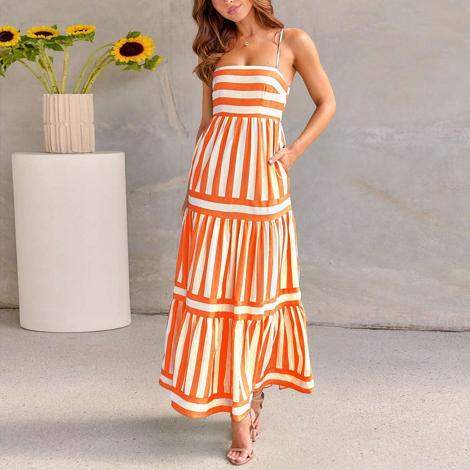 Summer Striped Printed Suspender Long Dress With Pockets Fashion Square Neck Backless Dresses For Beach Vacation Women Clothing Orazek UK Ltd