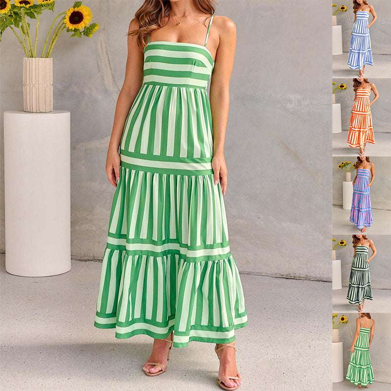 Summer Striped Printed Suspender Long Dress With Pockets Fashion Square Neck Backless Dresses For Beach Vacation Women Clothing Orazek UK Ltd
