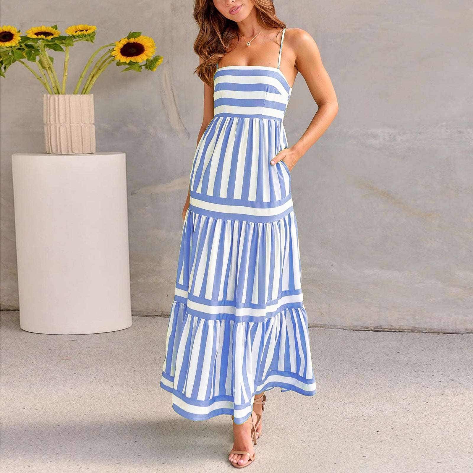 Summer Striped Printed Suspender Long Dress With Pockets Fashion Square Neck Backless Dresses For Beach Vacation Women Clothing Orazek UK Ltd
