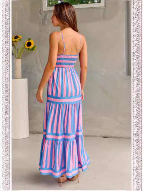 Summer Striped Printed Suspender Long Dress With Pockets Fashion Square Neck Backless Dresses For Beach Vacation Women Clothing Orazek UK Ltd