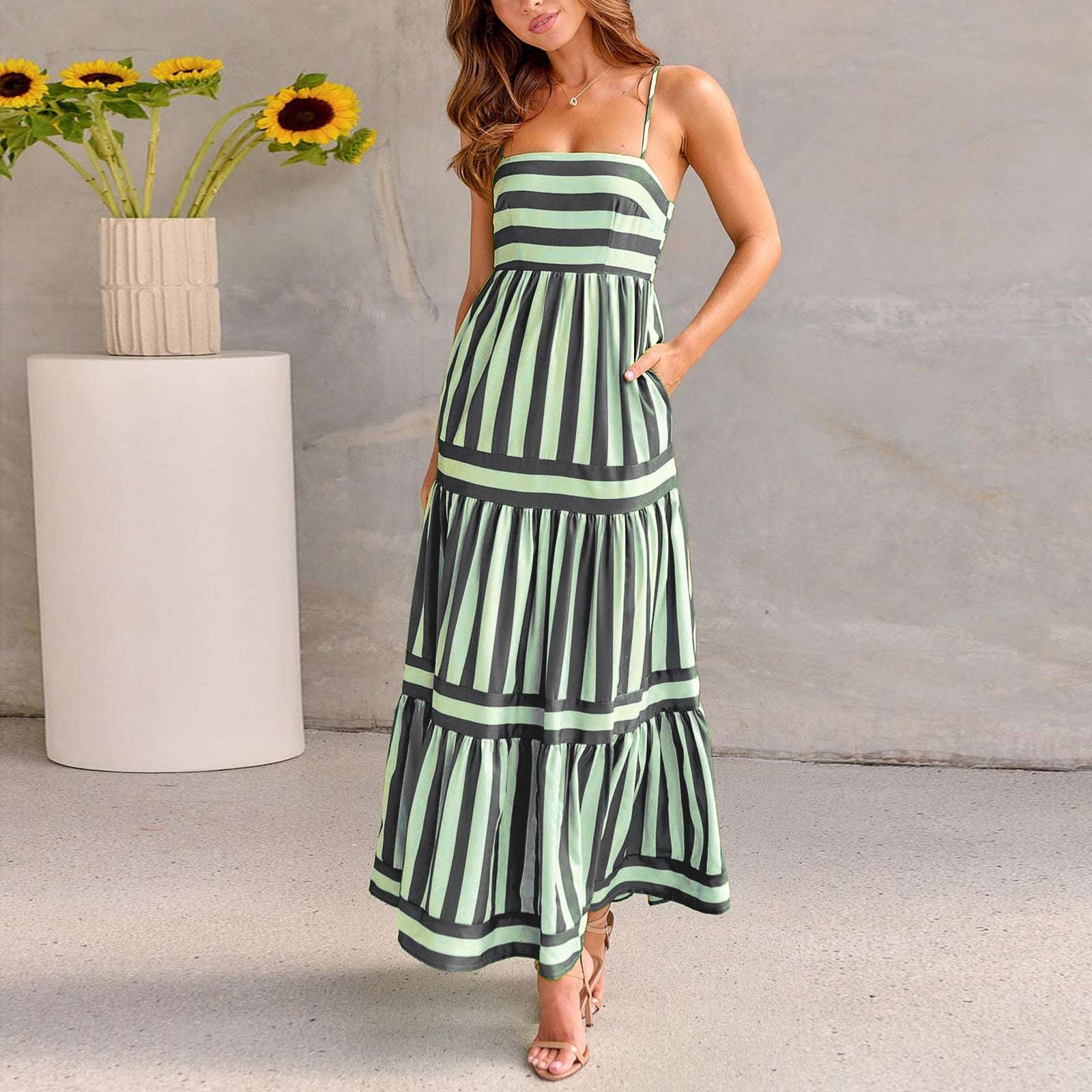 Summer Striped Printed Suspender Long Dress With Pockets Fashion Square Neck Backless Dresses For Beach Vacation Women Clothing Orazek UK Ltd