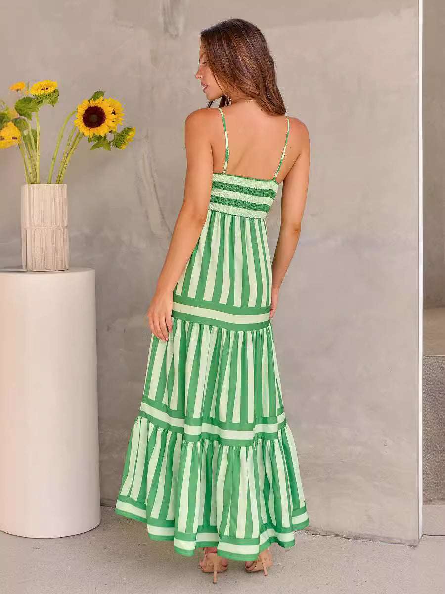 Summer Striped Printed Suspender Long Dress With Pockets Fashion Square Neck Backless Dresses For Beach Vacation Women Clothing Orazek UK Ltd