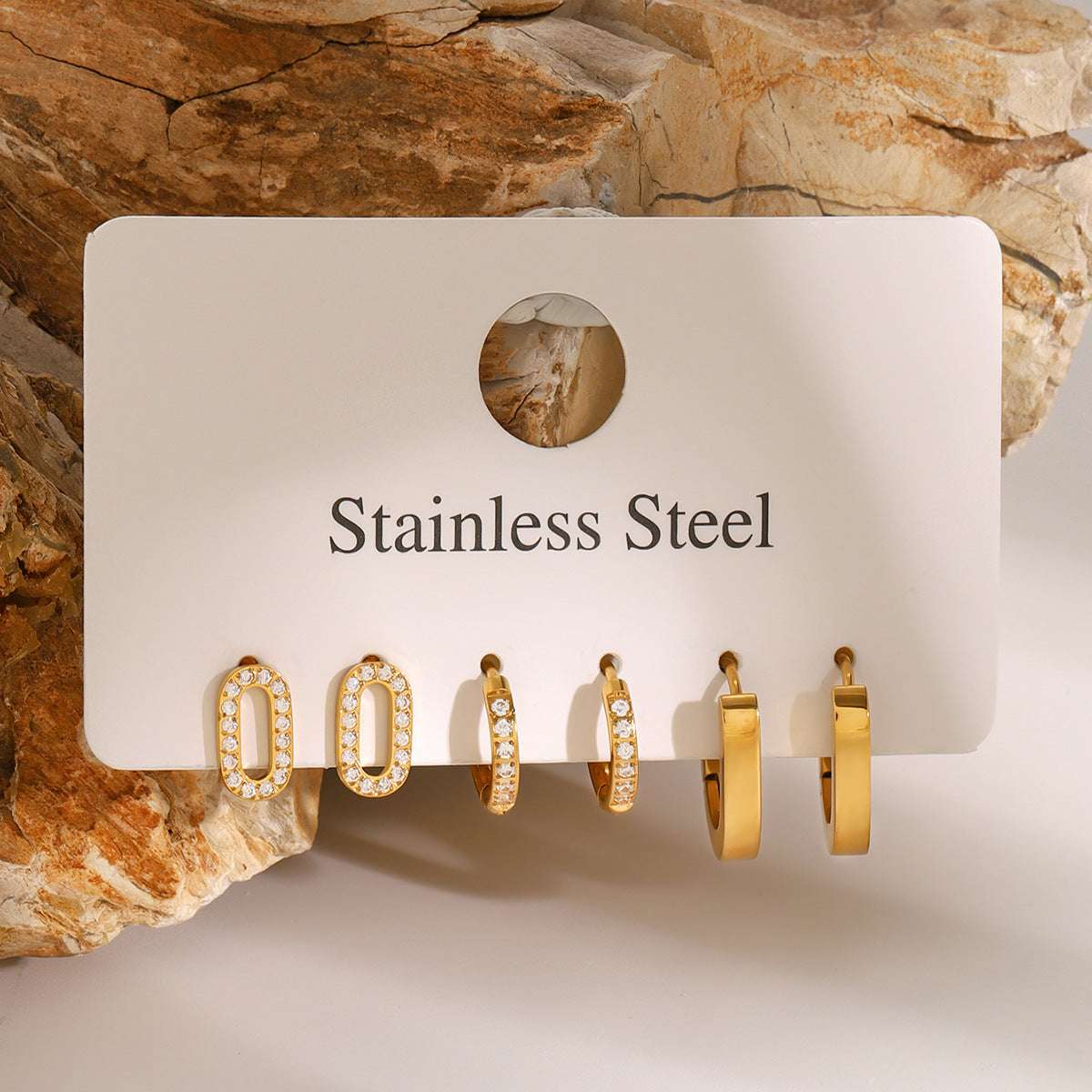 Three Pair Rhinestone Cubic Zirconia Bling Stud Earrings Stainless Steel Waterproof Charm Women Basic Jewelry | Orazek UK Ltd