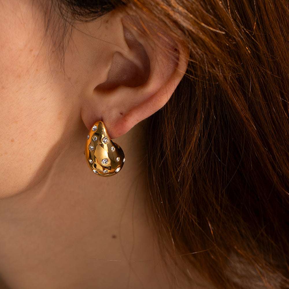 Trendy Fashionable 18K Gold-plated Stainless Steel Inlaid Zircon Chubby Stud Earrings | Orazek UK Ltd