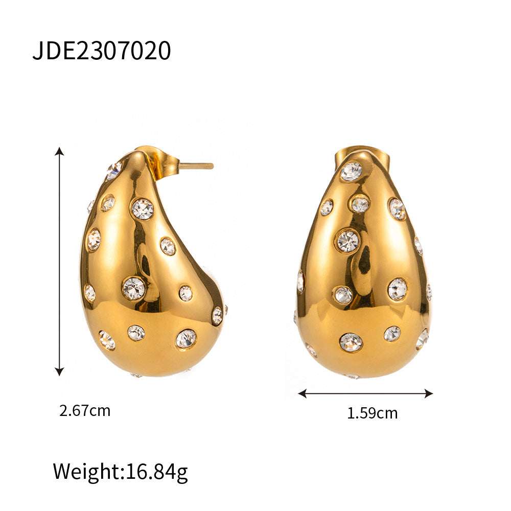 Trendy Fashionable 18K Gold-plated Stainless Steel Inlaid Zircon Chubby Stud Earrings | Orazek UK Ltd