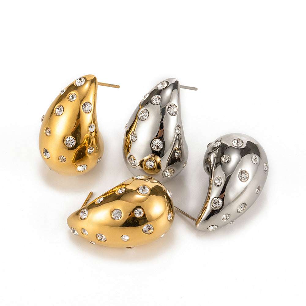 Trendy Fashionable 18K Gold-plated Stainless Steel Inlaid Zircon Chubby Stud Earrings | Orazek UK Ltd