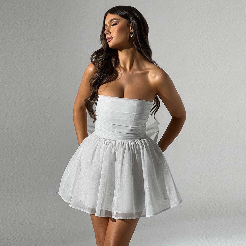 Tube Top Lace Dress With Back Bow-knot Summer Fashion Temperament Mesh Stitching Off-neck Short Skirt | Orazek UK Ltd