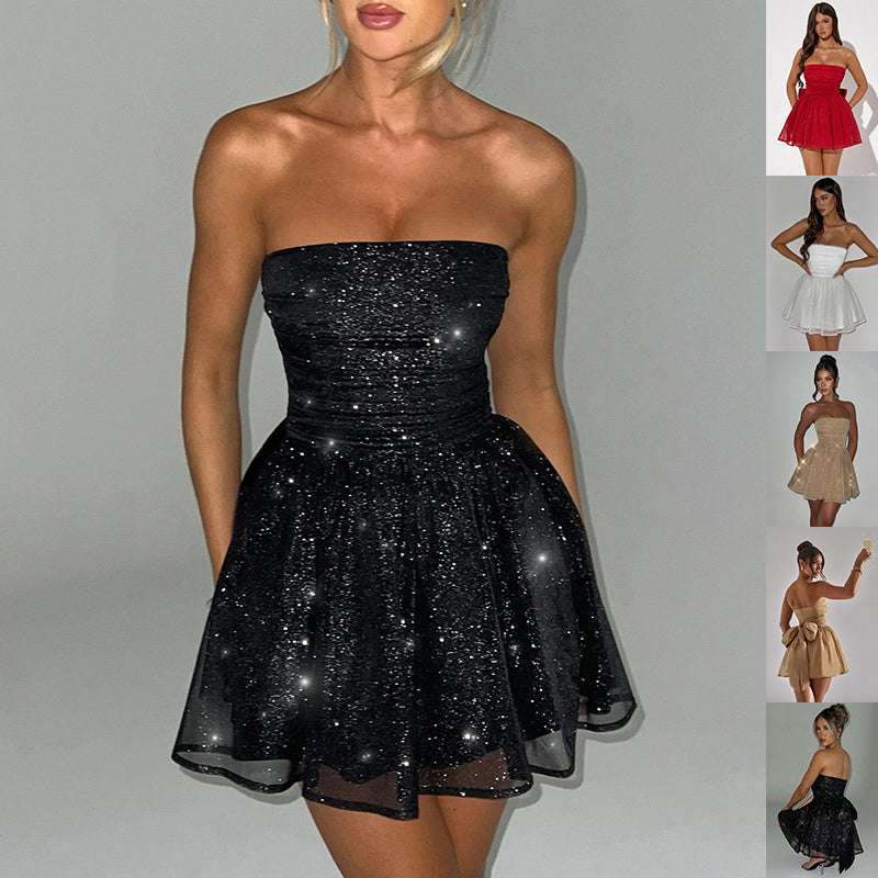 Tube Top Lace Dress With Back Bow-knot Summer Fashion Temperament Mesh Stitching Off-neck Short Skirt | Orazek UK Ltd