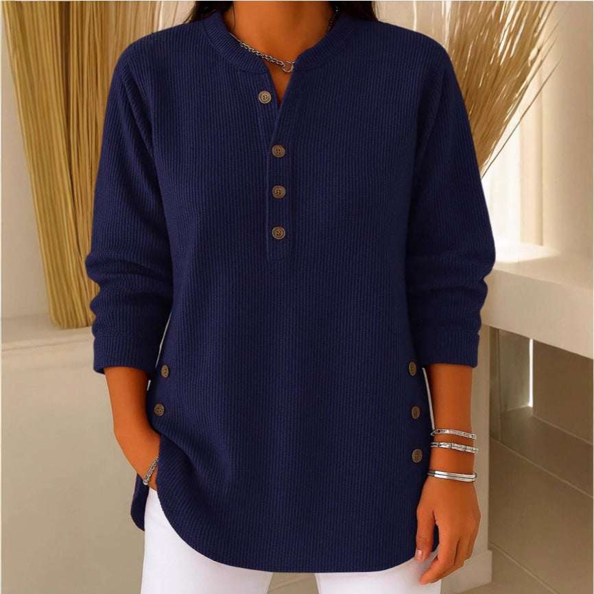 V-neck Buttons Sweater Fashion Casual Solid Color Long-sleeved Tops Women's Blouse T-shirt Clothing Orazek UK Ltd