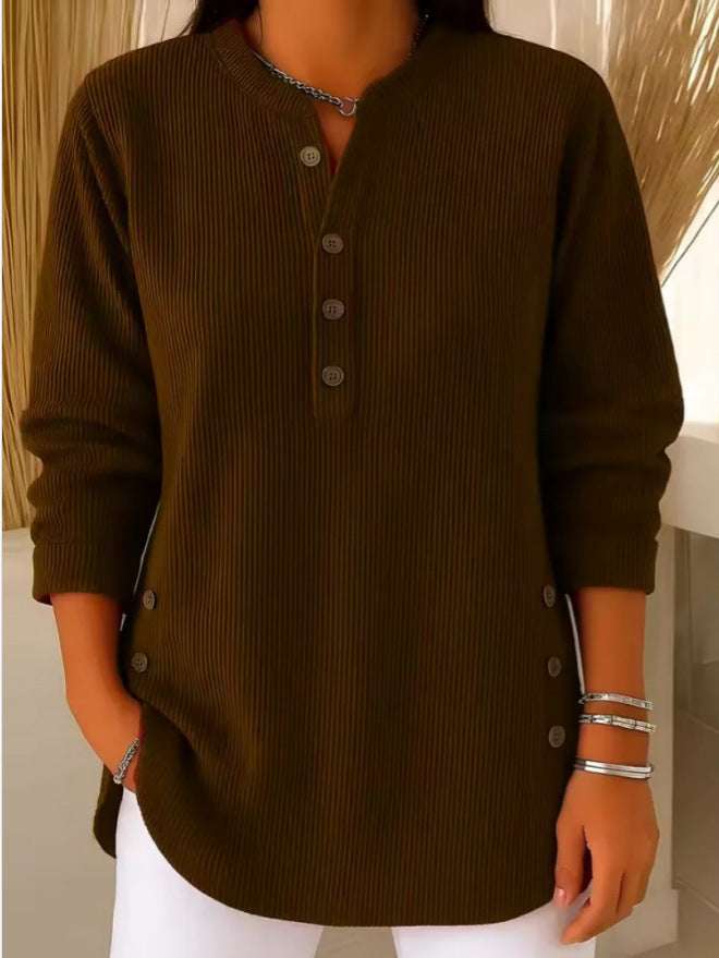 V-neck Buttons Sweater Fashion Casual Solid Color Long-sleeved Tops Women's Blouse T-shirt Clothing Orazek UK Ltd