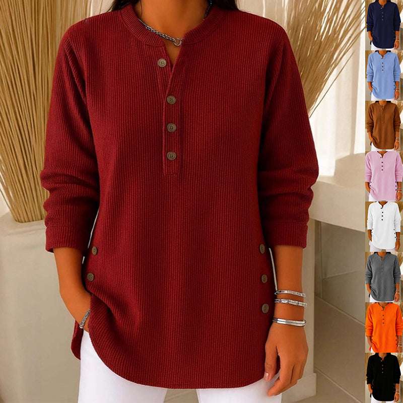 V-neck Buttons Sweater Fashion Casual Solid Color Long-sleeved Tops Women's Blouse T-shirt Clothing Orazek UK Ltd