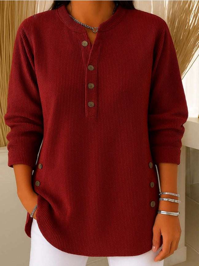 V-neck Buttons Sweater Fashion Casual Solid Color Long-sleeved Tops Women's Blouse T-shirt Clothing | Orazek UK Ltd