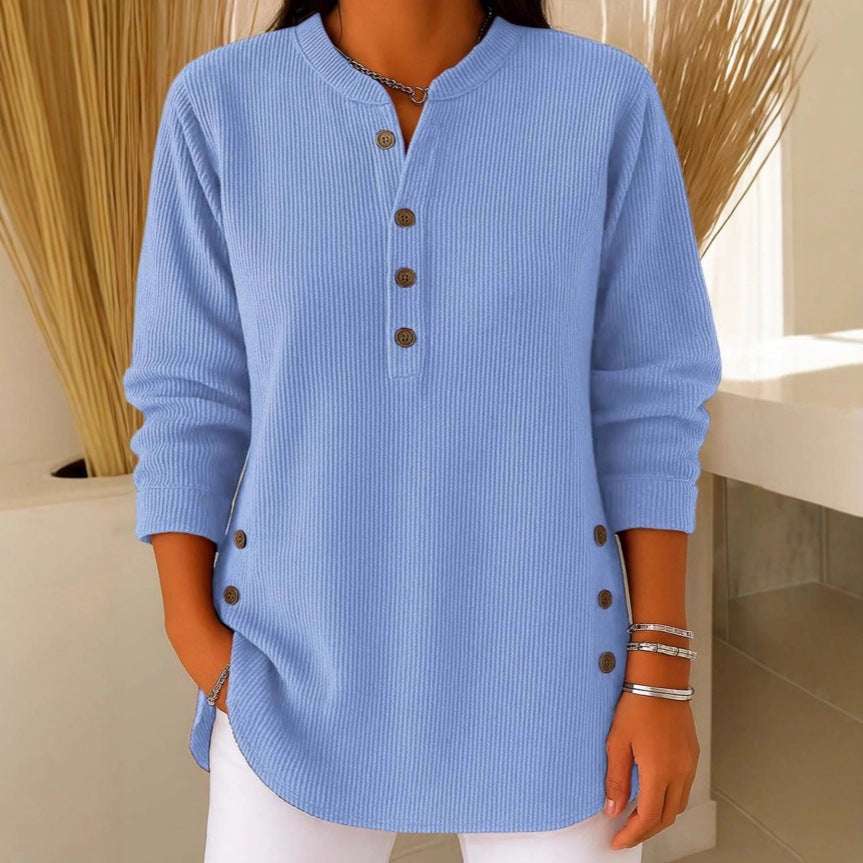 V-neck Buttons Sweater Fashion Casual Solid Color Long-sleeved Tops Women's Blouse T-shirt Clothing | Orazek UK Ltd