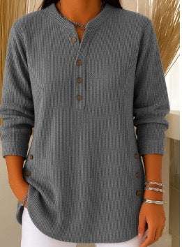 V-neck Buttons Sweater Fashion Casual Solid Color Long-sleeved Tops Women's Blouse T-shirt Clothing | Orazek UK Ltd