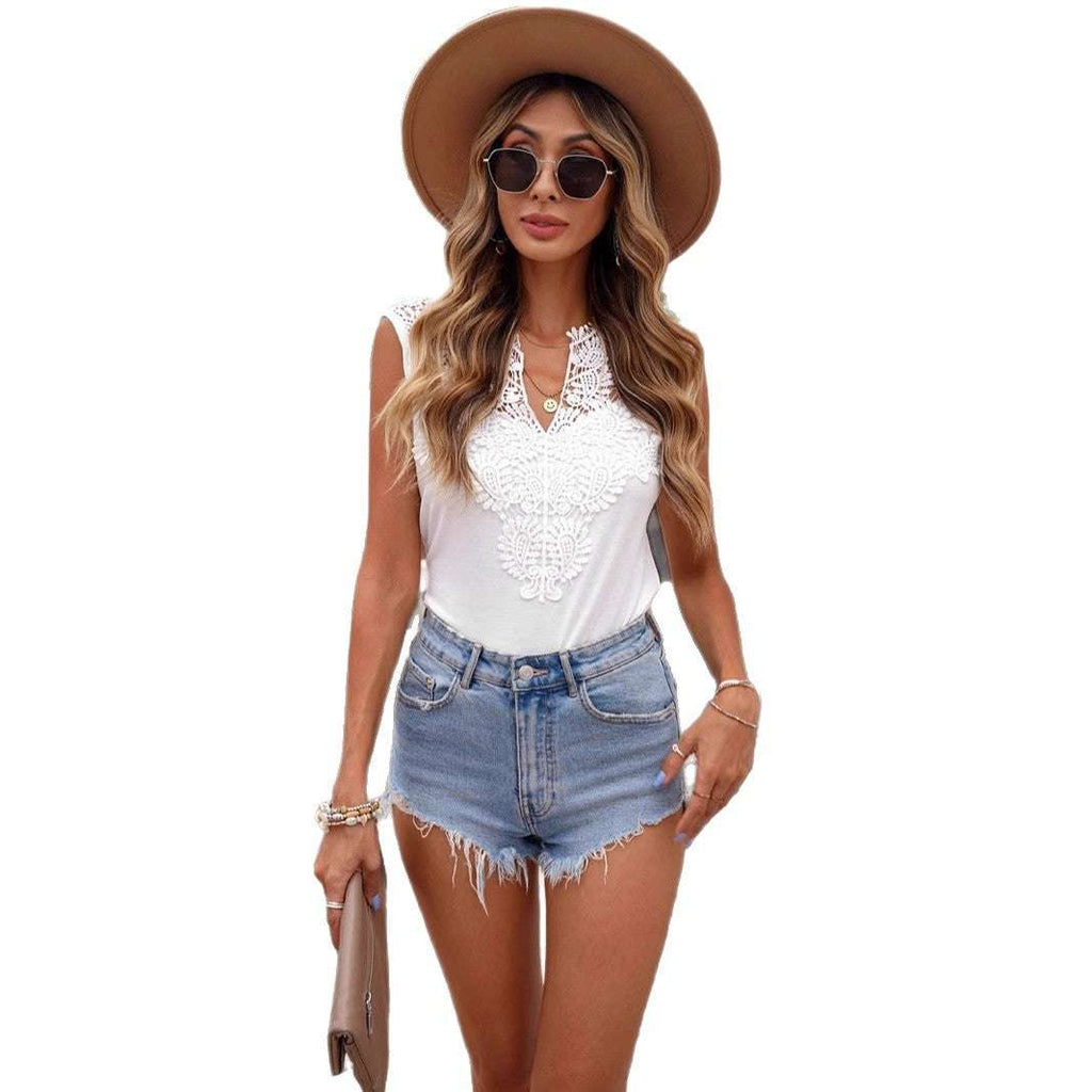 V-Neck Lace-trimmed Patchwork Sleeveless Pullover T-Shirt For Women | Orazek UK Ltd
