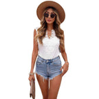 V-Neck Lace-trimmed Patchwork Sleeveless Pullover T-Shirt For Women | Orazek UK Ltd
