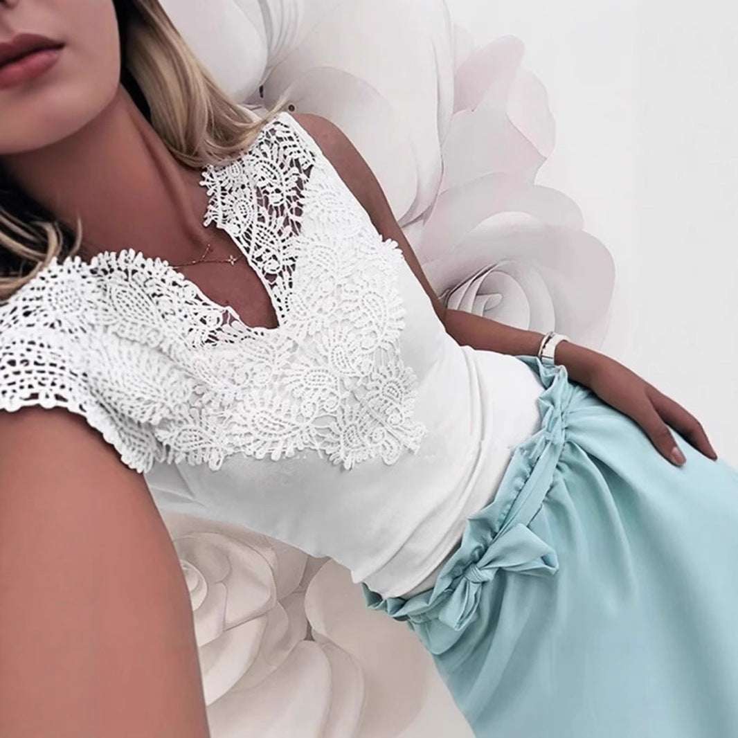 V-Neck Lace-trimmed Patchwork Sleeveless Pullover T-Shirt For Women | Orazek UK Ltd