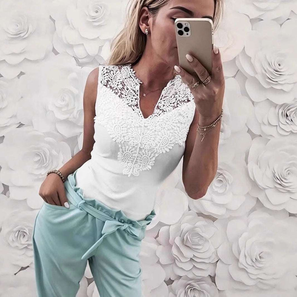 V-Neck Lace-trimmed Patchwork Sleeveless Pullover T-Shirt For Women | Orazek UK Ltd