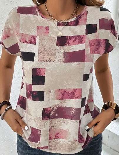 Women's Chic Geometric Aztec Print T-Shirt - Casual Crew Neck, Durable Non-Stretch Fabric, Ideal For Summer Wear Orazek UK Ltd