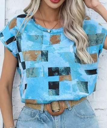Women's Chic Geometric Aztec Print T-Shirt - Casual Crew Neck, Durable Non-Stretch Fabric, Ideal For Summer Wear Orazek UK Ltd
