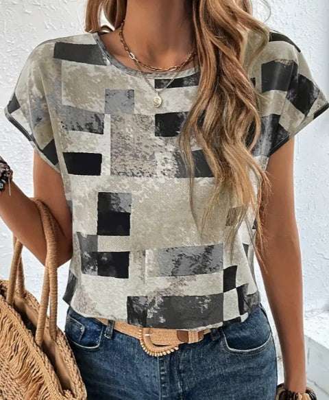 Women's Chic Geometric Aztec Print T-Shirt - Casual Crew Neck, Durable Non-Stretch Fabric, Ideal For Summer Wear Orazek UK Ltd