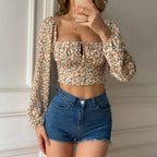 Women Small Floral Shirt Women Retro Square Collar Blouse One Word Collar Shirt Women | Orazek UK Ltd