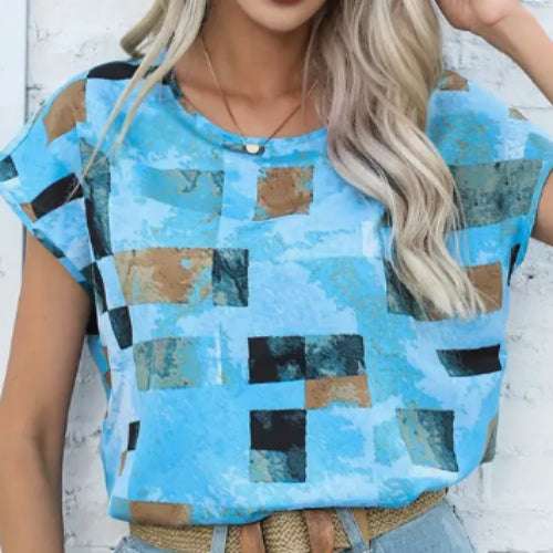 Women's Chic Geometric Aztec Print T-Shirt - Casual Crew Neck, Durable Non-Stretch Fabric, Ideal For Summer Wear | Orazek UK Ltd