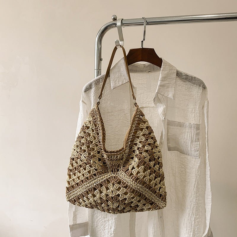 Women's Fashion Handmade Straw Woven Hollow Contrast Color Weave Shoulder Bag | Orazek UK Ltd
