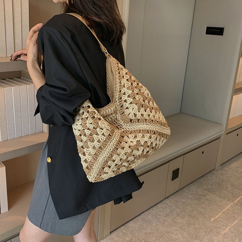 Women's Fashion Handmade Straw Woven Hollow Contrast Color Weave Shoulder Bag | Orazek UK Ltd