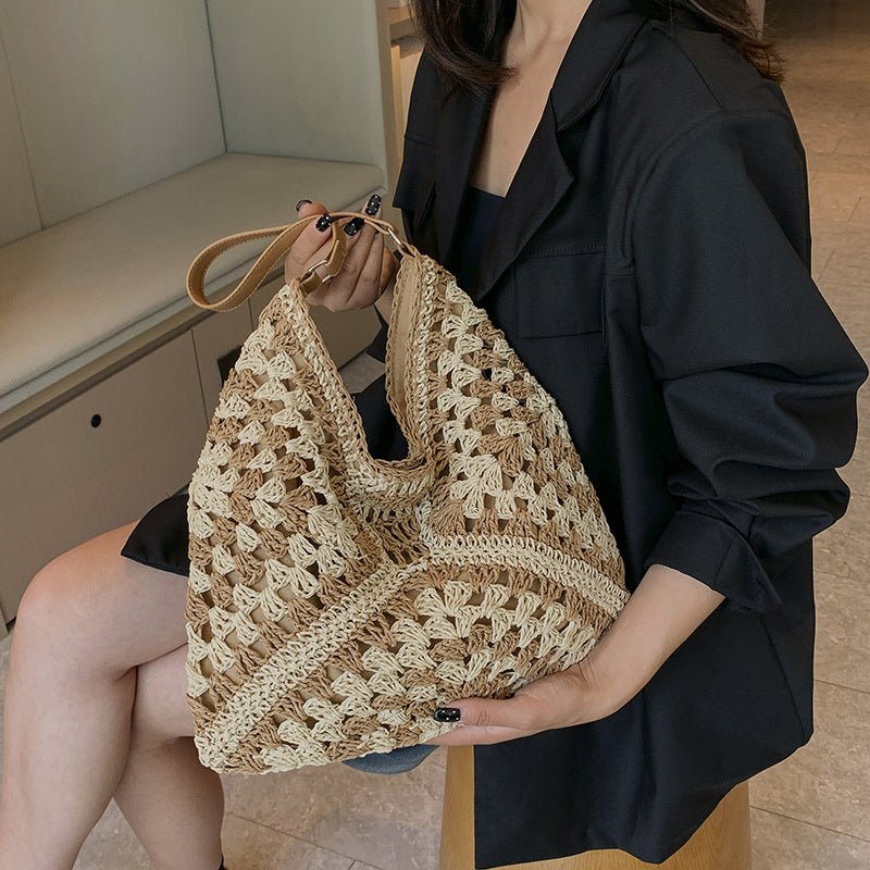Women's Fashion Handmade Straw Woven Hollow Contrast Color Weave Shoulder Bag | Orazek UK Ltd