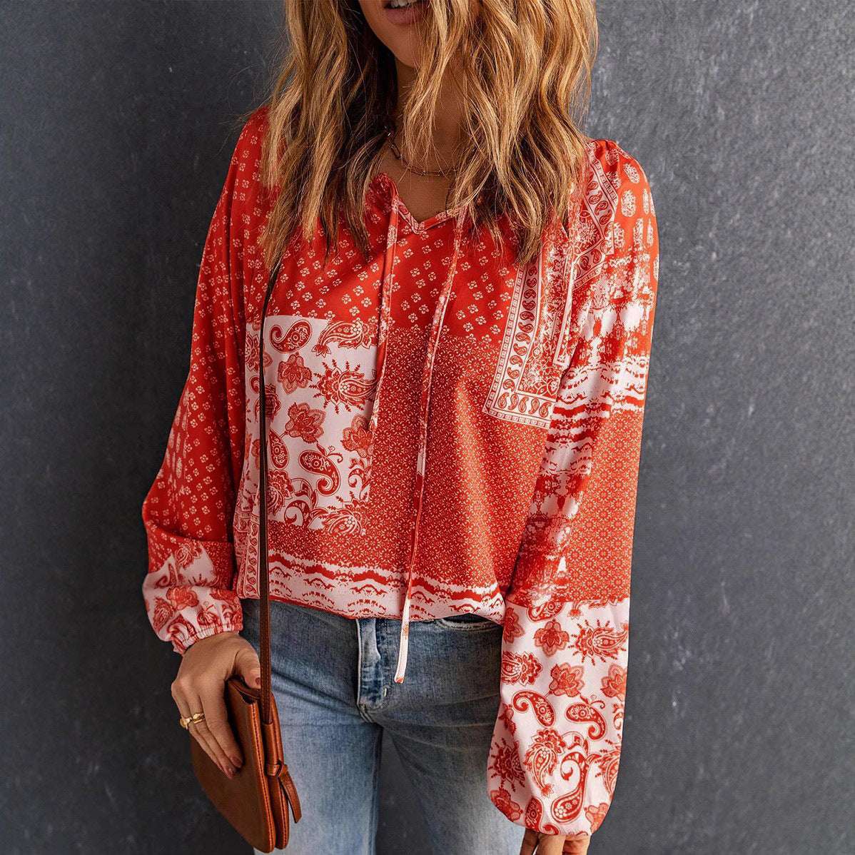 Women's Long-sleeved Printed Ethnic Blouse T-shirt Shirt | Orazek UK Ltd