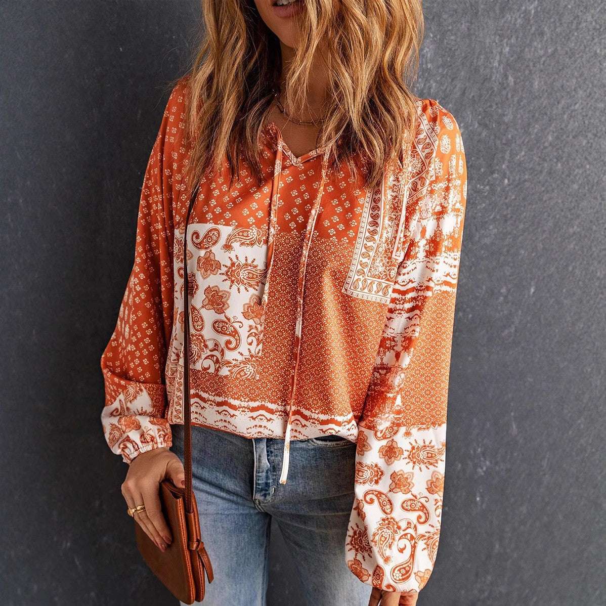 Women's Long-sleeved Printed Ethnic Blouse T-shirt Shirt | Orazek UK Ltd