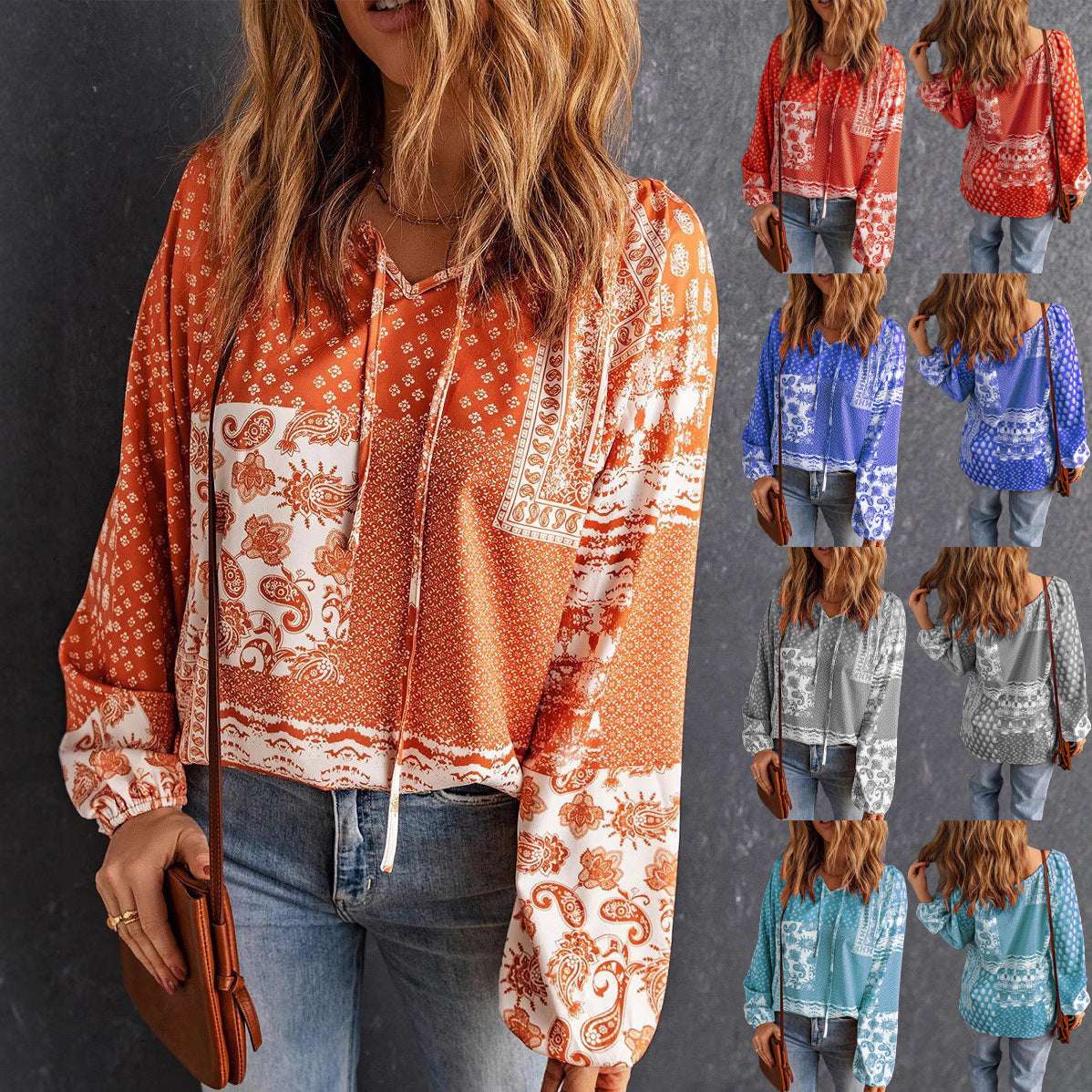 Women's Long-sleeved Printed Ethnic Blouse T-shirt Shirt | Orazek UK Ltd