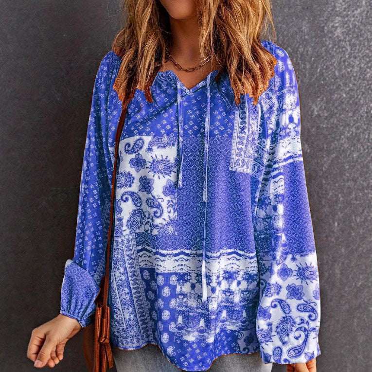 Women's Long-sleeved Printed Ethnic Blouse T-shirt Shirt | Orazek UK Ltd