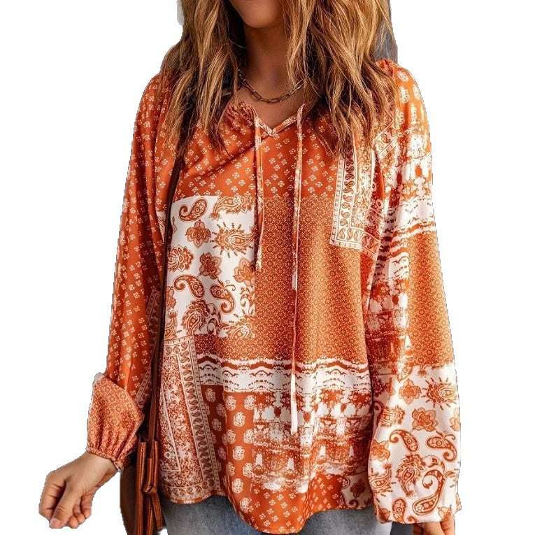 Women's Long-sleeved Printed Ethnic Blouse T-shirt Shirt | Orazek UK Ltd