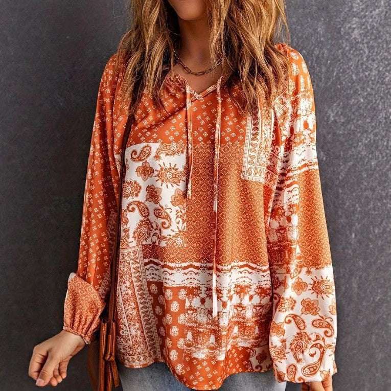 Women's Long-sleeved Printed Ethnic Blouse T-shirt Shirt | Orazek UK Ltd
