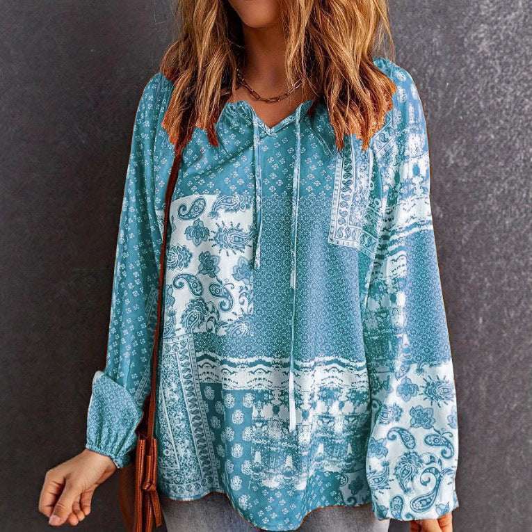 Women's Long-sleeved Printed Ethnic Blouse T-shirt Shirt | Orazek UK Ltd