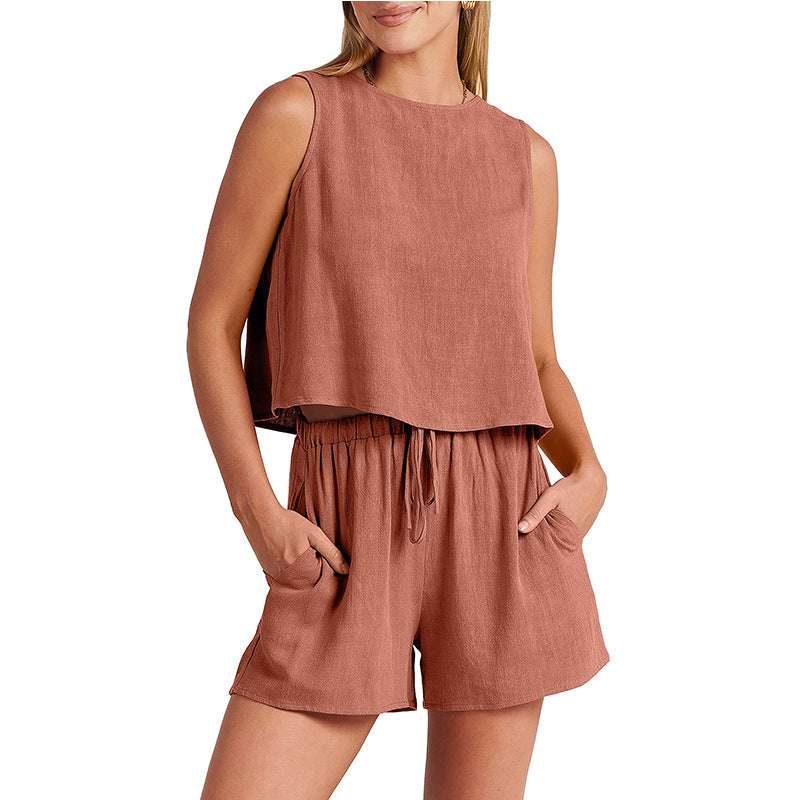 Women's Set Summer Sleeveless Tops And Drawstring Shorts Fashion Suit 2pcs | Orazek UK Ltd